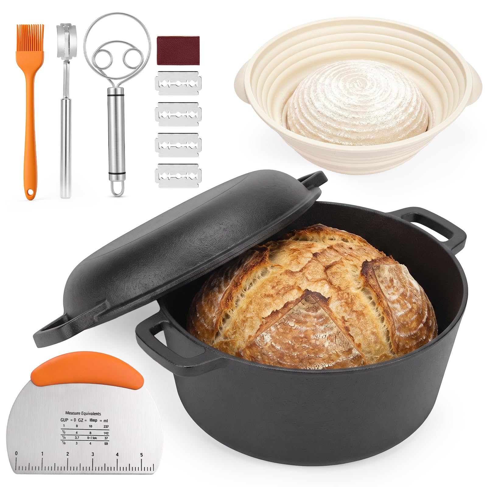 GFTIME Olla de hierro fundido de 26 cm para hornear pan, incluye 2 en 1, sartén con tapa de sartén, olla ideal para pan, pan fermentado, accesorios para hornear pan tostado