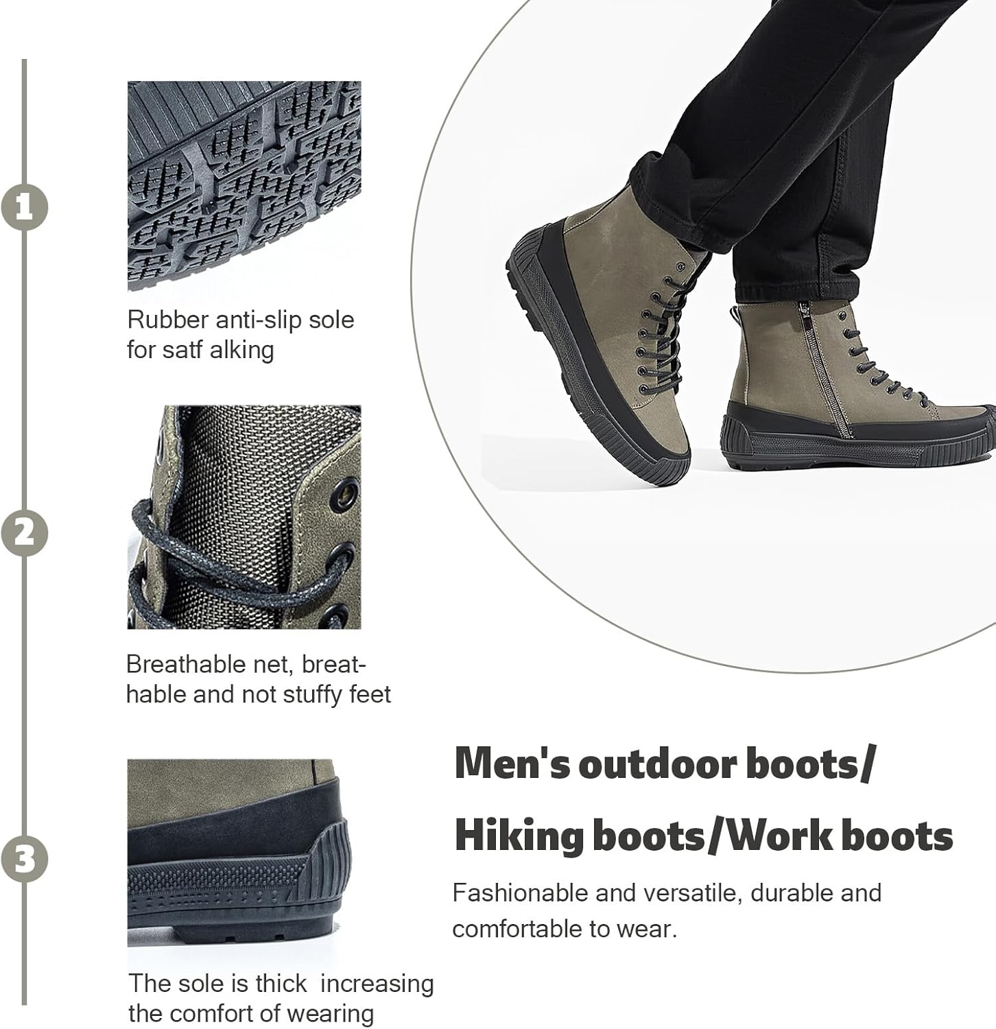 Men’s Hiking Boots Rugged Leather Combat Style Lace Up with Side Zipper Durable Outsole for Outdoor Trekking and Trail - Image 4