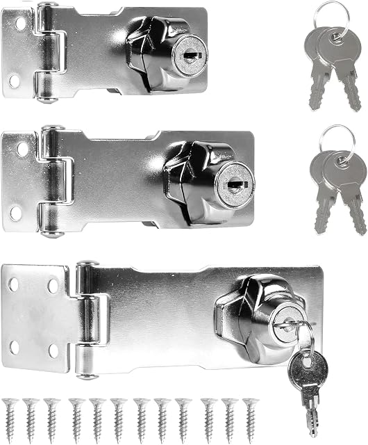 HUSZZM 3Pcs Keyed Hasp Lock Door Lock Hasp and Staple with Padlock Shed Locks Heavy Duty Twist Knob Keyed Locking Hasp with 6 Keys Safety Door Clasp Gate Lock for Bedroom Door Cupboard Shed Garden