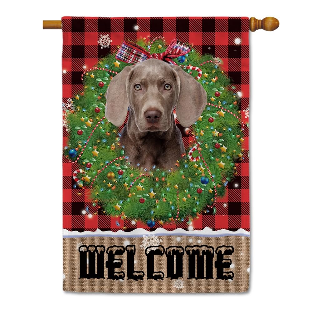 Dog Christmas House Flag Weimaraner Welcome Flag Buffalo Check Plaid Wreath Snowflake Xmas Holiday Winter Outside Yard Decoration Banner 28x40 Inch Printed Double Side