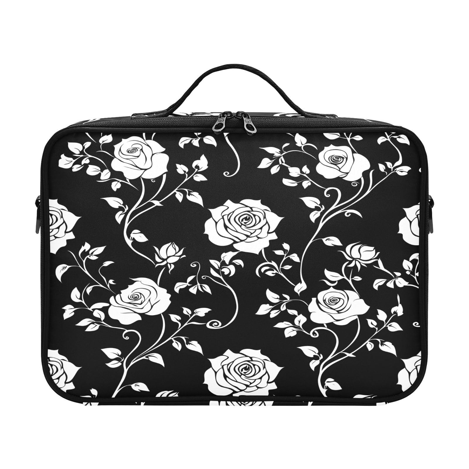 zyrtty Travel Makeup Train Case Rose Flower Black White Pattern Cosmetic Organizer Portable Storage Bag with Adjustable Dividers for Cosmetics Brushes Toiletry Jewelry Digital Accessories