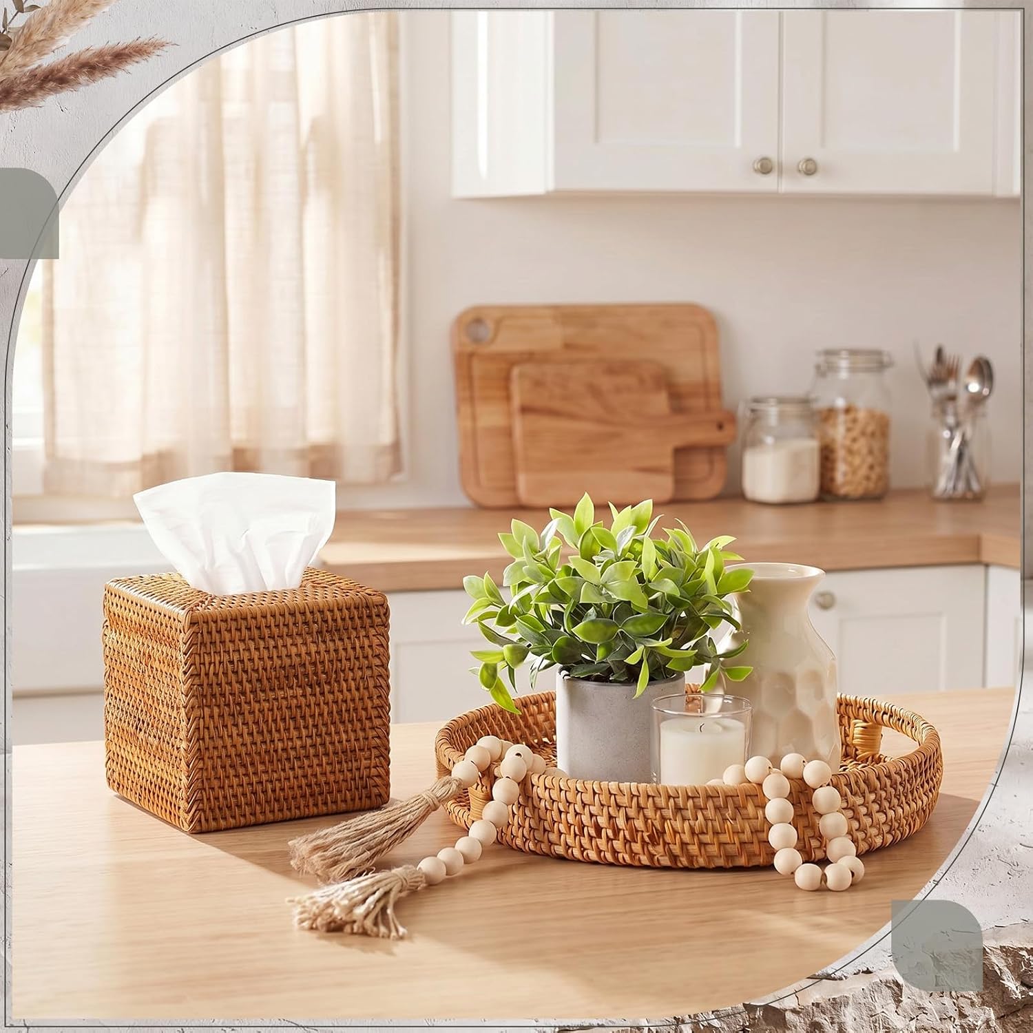 Mumufy Rattan Round Serving Tray 11.8 Inch Rattan Tissue Box Cover Square Farmhouse Beads, Coffee Table Decor Ottoman Hand Woven Serving Basket with Handles for Homes, Dining Rooms, Tea Rooms, Cafes image 3