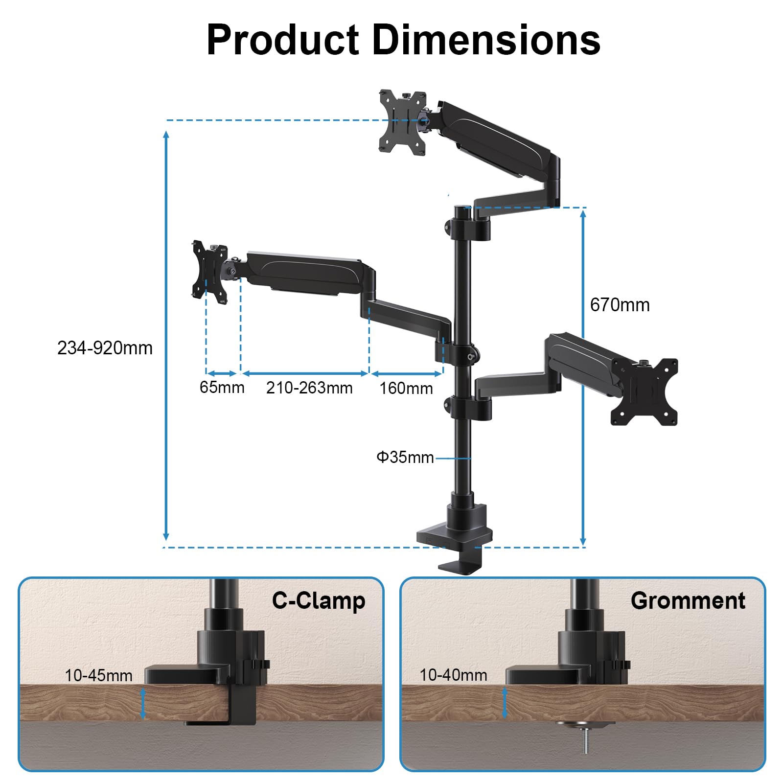 PUTORSEN Supporto per monitor 3 monitor per schermo da 17-32 pollici, supporto per monitor 3 monitor regolabile in altezza con braccio da 9 kg, asta da 67 cm, orientabile VESA 75/100 mm