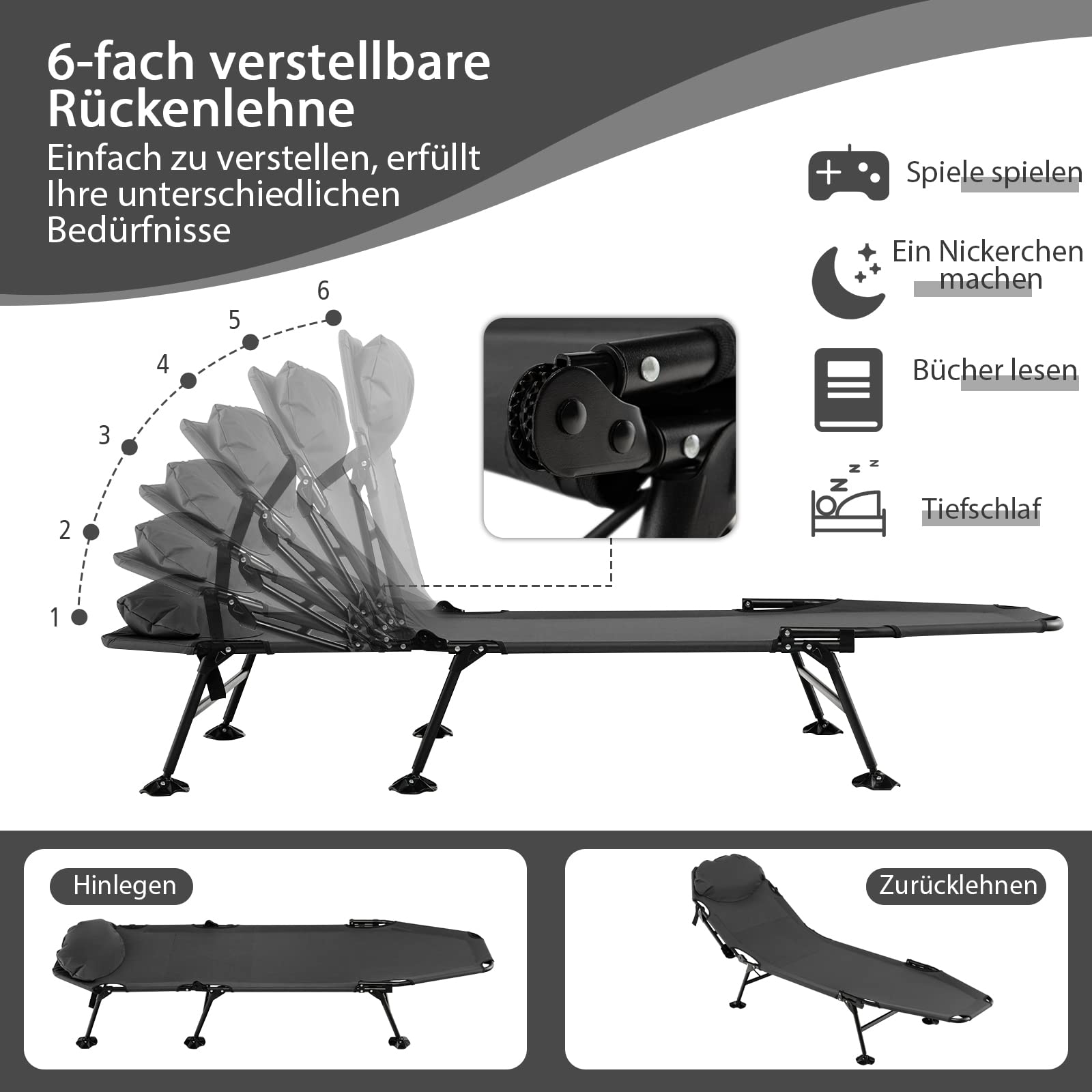 COSTWAY Karpfenliege mit Abnehmbarer Matratze und 6-Fach Verstellbarer Rückenlehne, klappbarer Feldbett bis 200 kg belastbar, Campingliege, Angelliege, Campingbett, 194 x 66 x 29 cm