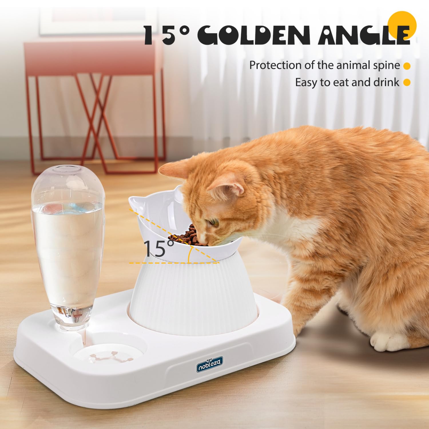 Nobleza Ciotole per Gatti Rialzate, Set 2 in 1 con Dispensatore Automatico Acqua e Feeder Lento, Inclinazione 15°, Bianco