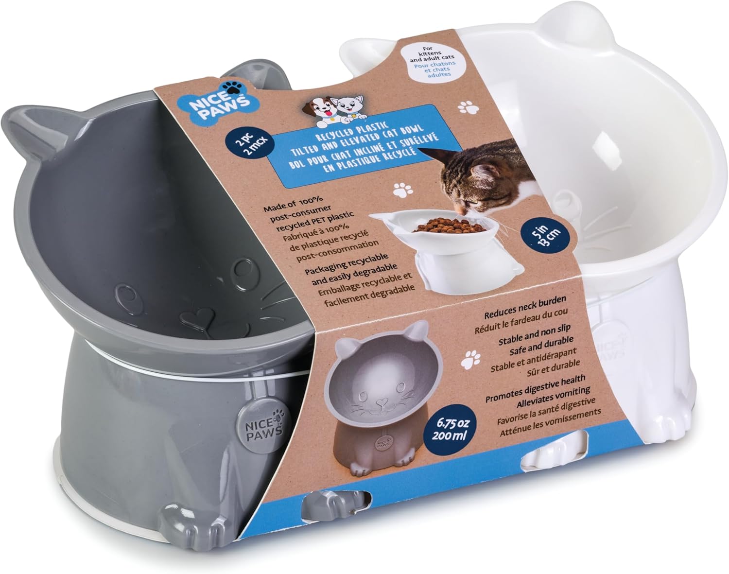 Tilted Elevated Cat Food Bowl – White/Grey – 2 Pc – Anti Vomit Raised Pet Bowl for Cats and Small Dogs – 100% Recycled Plastic