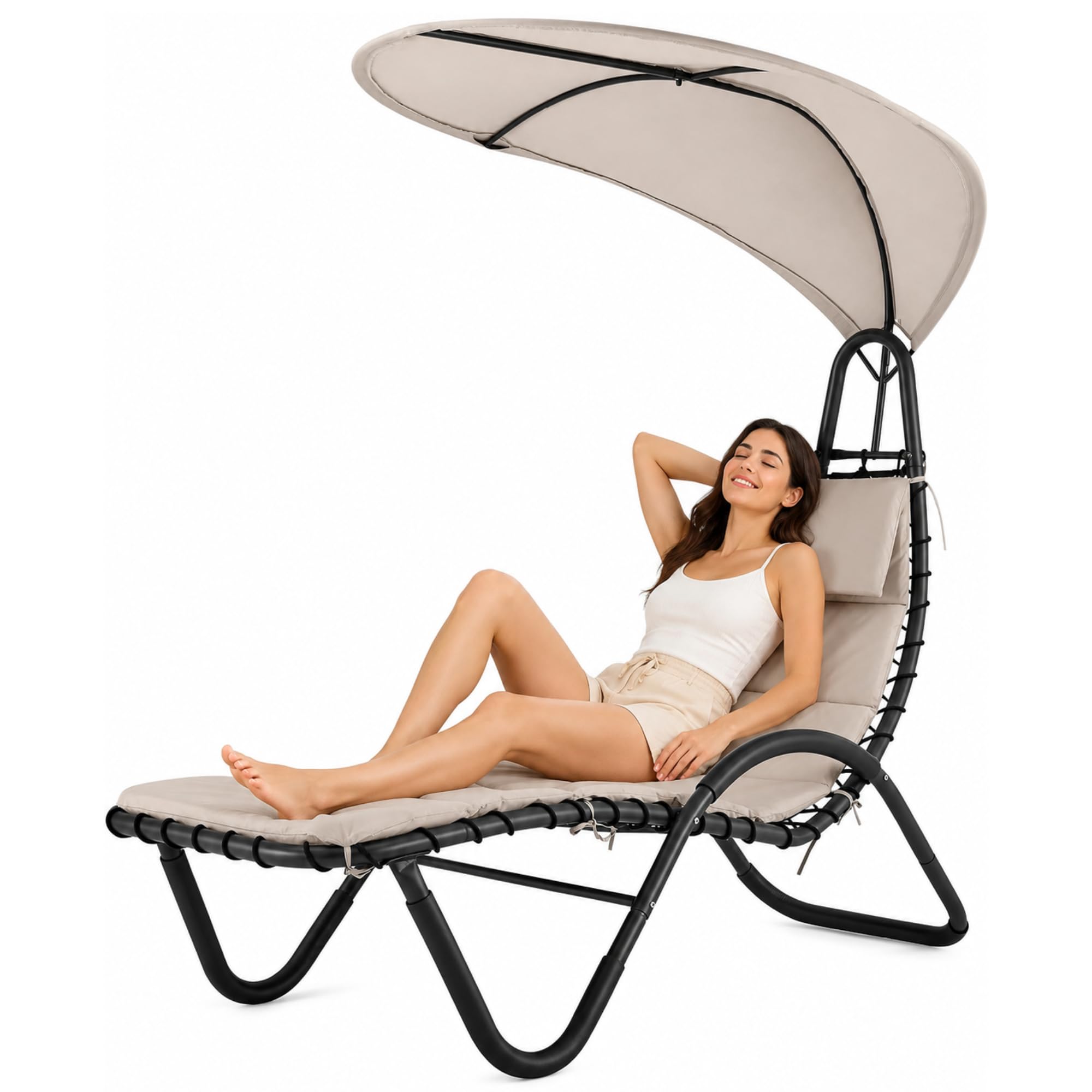 LIVIVO Bali Sun Lounger Relaxing Chair with Canopy Shade and Padded Cushions, Arm Rests, Made from powder coated steel frame perfect for Outdoor Garden, Balcony, Patio, Deck (Beige)