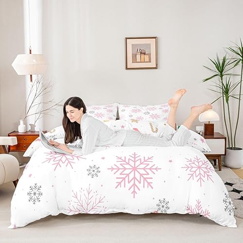 Vista 71 de Juego de funda de edredón rosa de Navidad para niñas, tamaño matrimonial, lindo juego de ropa de cama de dibujos animados de pingüino de Papá Noel
