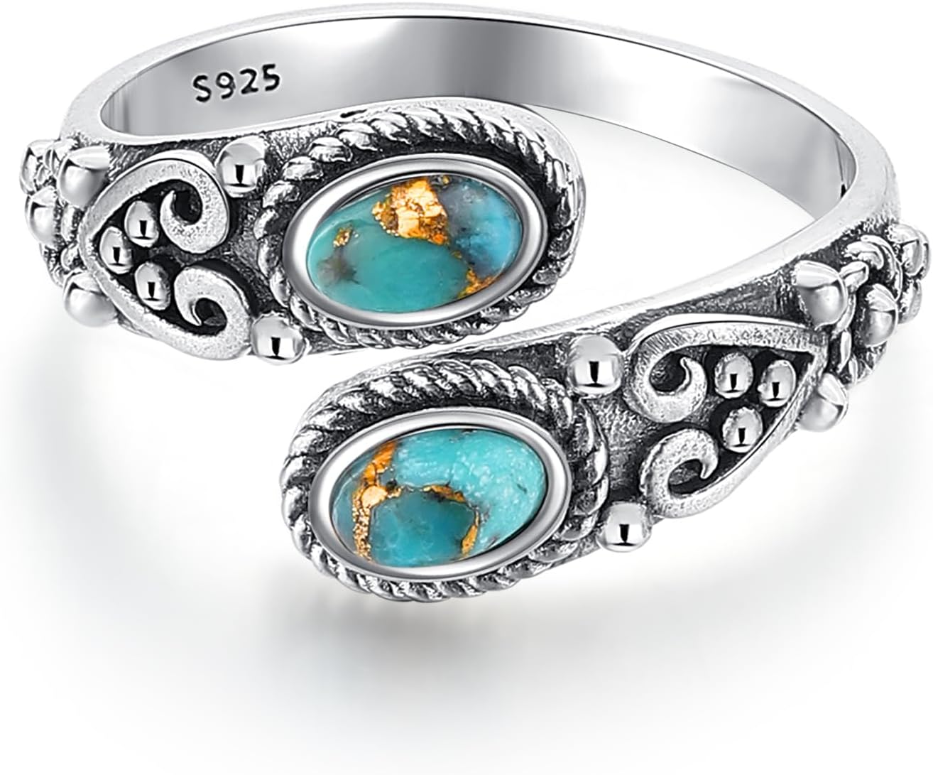 AVECON Adjustable Turquoise Rings for Women 925 Sterling Silver Spoon Ring Vintage Heart Vine Statement Ring Personalized Jewelry Gifts Size 6-8