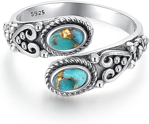 AVECON Adjustable Turquoise Rings for Women 925 Sterling Silver Spoon Ring Vintage Heart Vine Statement Ring Personalized Jewelry Gifts Size 6-8