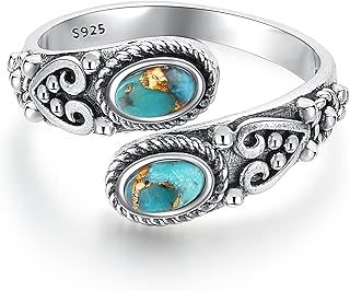 Adjustable Turquoise Rings for Women 925 Sterling Silver Spoon Ring Vintage Heart Vine Statement