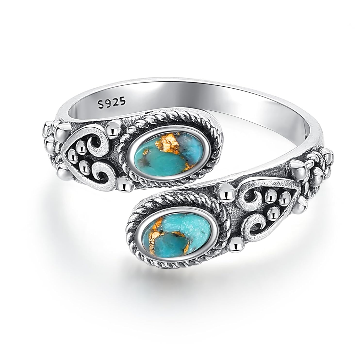 AVECON Adjustable Turquoise Rings for Women 925 Sterling Silver Spoon Ring Vintage Heart Vine Statement Ring Personalized Jewelry Gifts Size 6-8