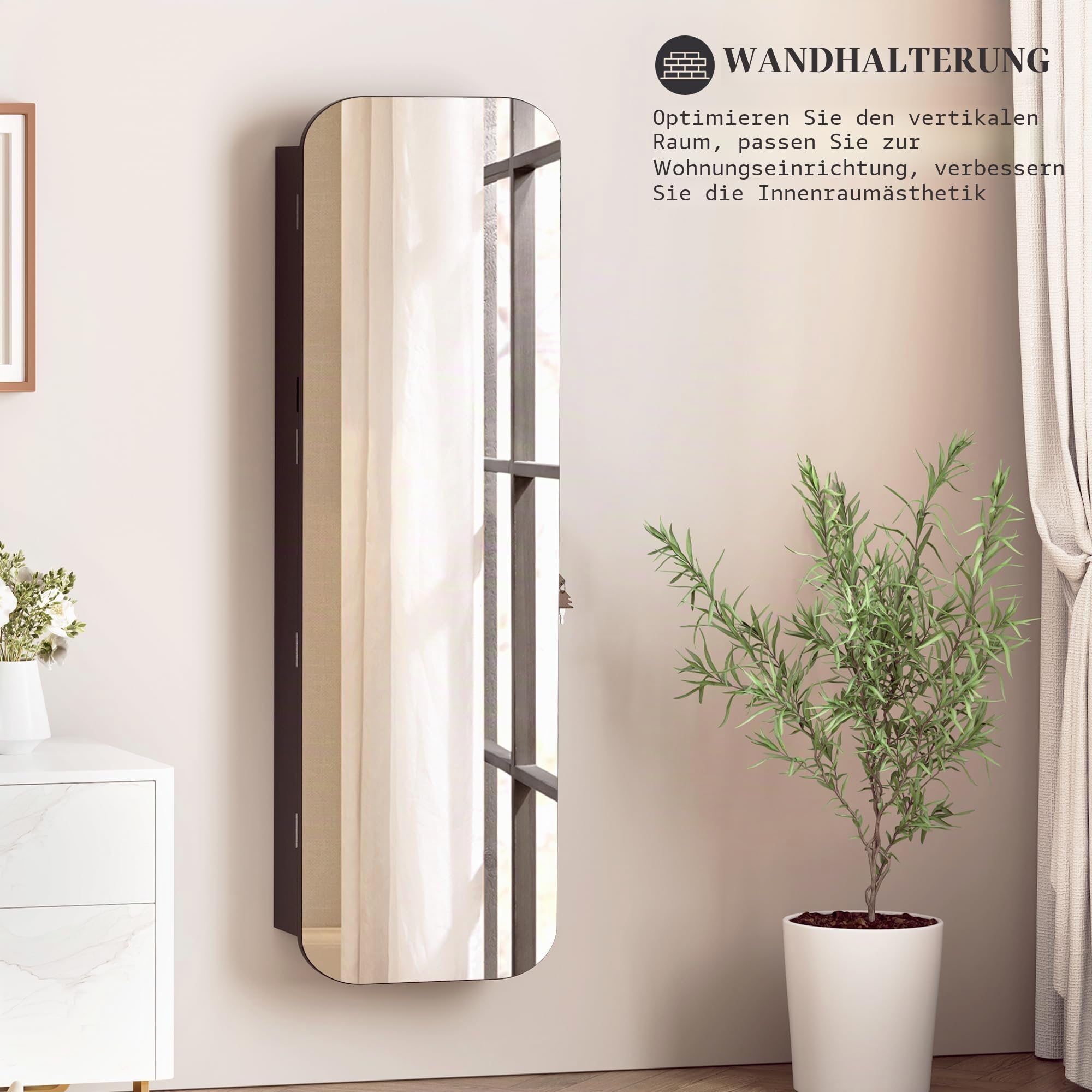 Vlsrka LED Ovaler Schmuckschrank Hängend, Türspiegel/Wandspiegel Schmuckschränk, Schmuckschrank mit Spiegel & Beleuchtung, Schmuckspielgelschrank Holz Abschließbarer, Gewölbter Spiegelschrank, Schwarz