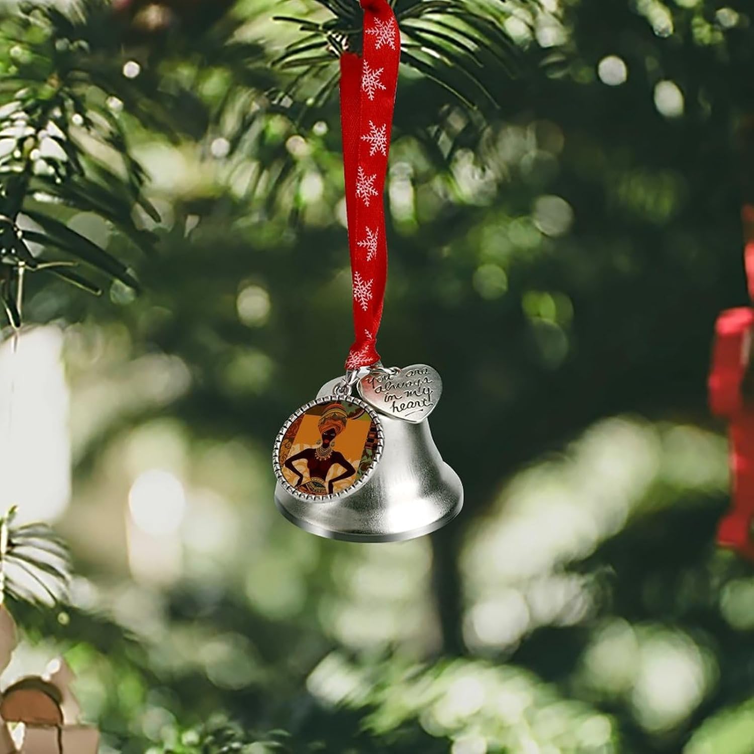 African Woman Bell Ornament Red Ribbon for Christmas Tree Holiday Decoration Personality Believe Bell Ornaments Sleigh Bells for Winter New Year Party Supplies