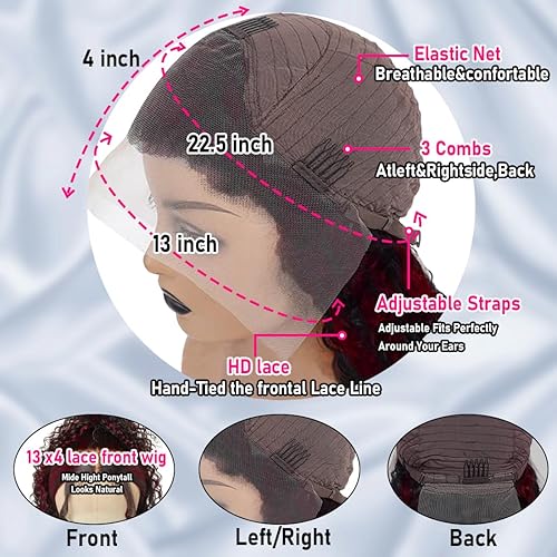Miniatura 6 de Peluca de cabello humano rizado con reflejos rojos, color burdeos, degradado de 13 x 4, peluca frontal de encaje HD predepilada con abuelitos,