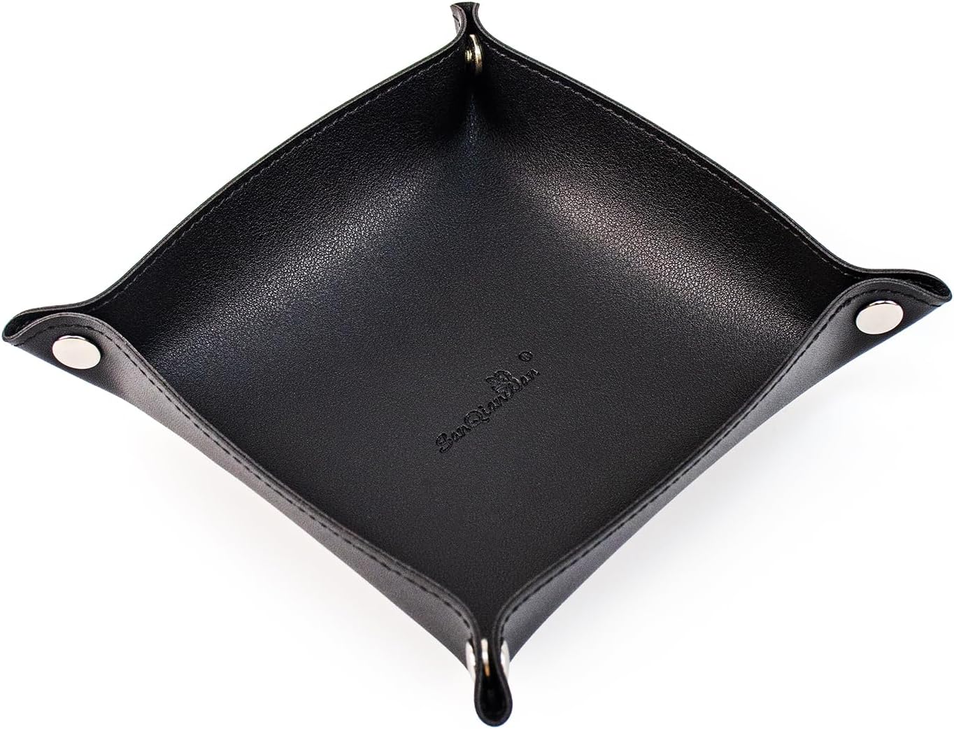 SANQIANWANPU Leather Arc Edge Jewelry Valet Tray for Man and Women, Portable Mini Entryway Table Tray Bedside Nightstand Desk Tray Small Travel Dish Plate for Key,Wallet,Watch,Coin (Black)