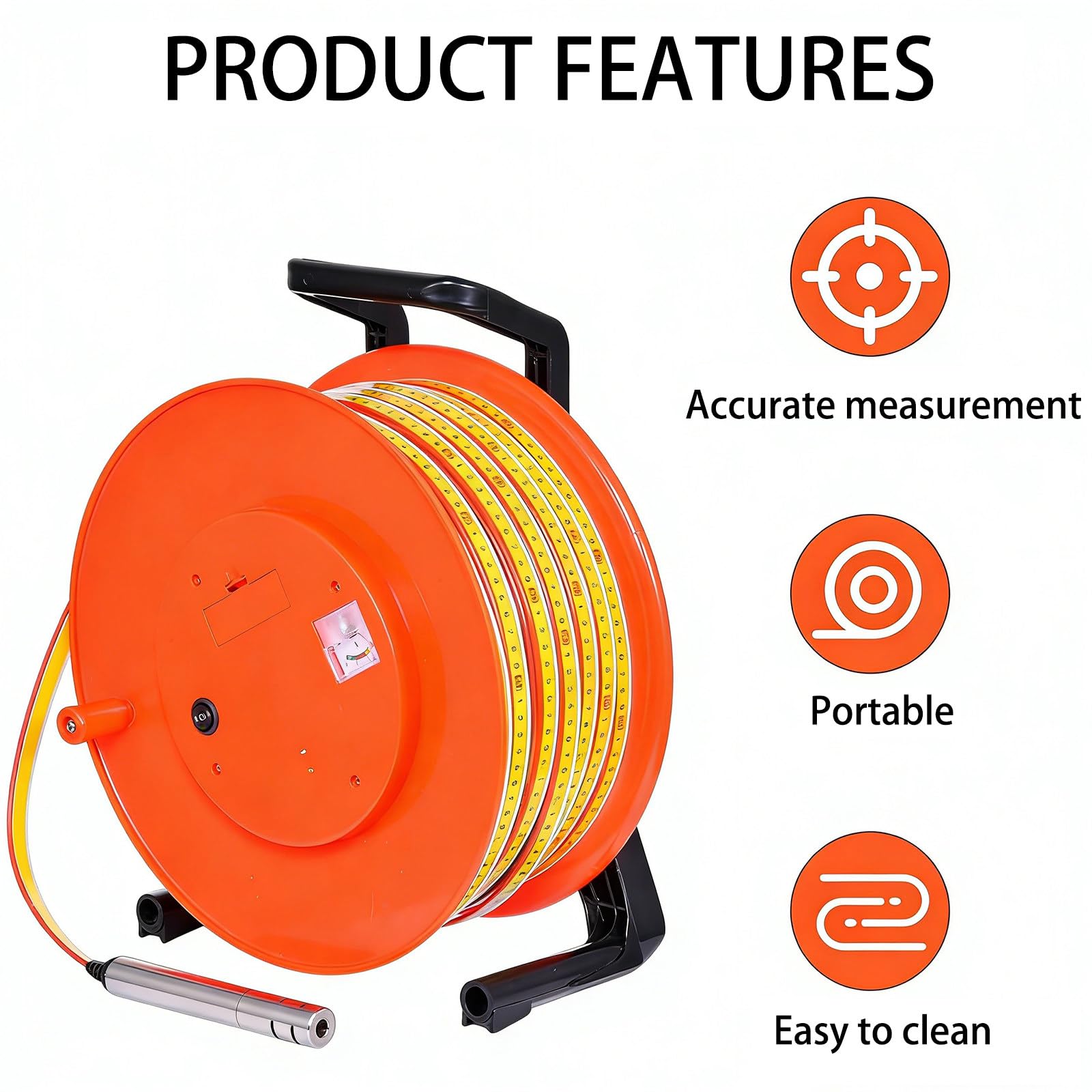 Medidor de Profundidad de Agua,100 m,con sonda de Acero Inoxidable de 25 mm y Cinta de Acero, medidor de Nivel freático a batería con señal acústica,para pozos Profundos 100M