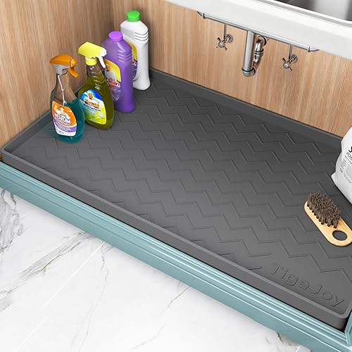 TigeJoy Under Sink Mat for Kitchen Cabinet 34" x 22", Upgraded Thick Silicone Waterproof Protector with Raised Edge, Anti-Leak Shelf Liner for Bathroom Tray Sink Organizers and Storage