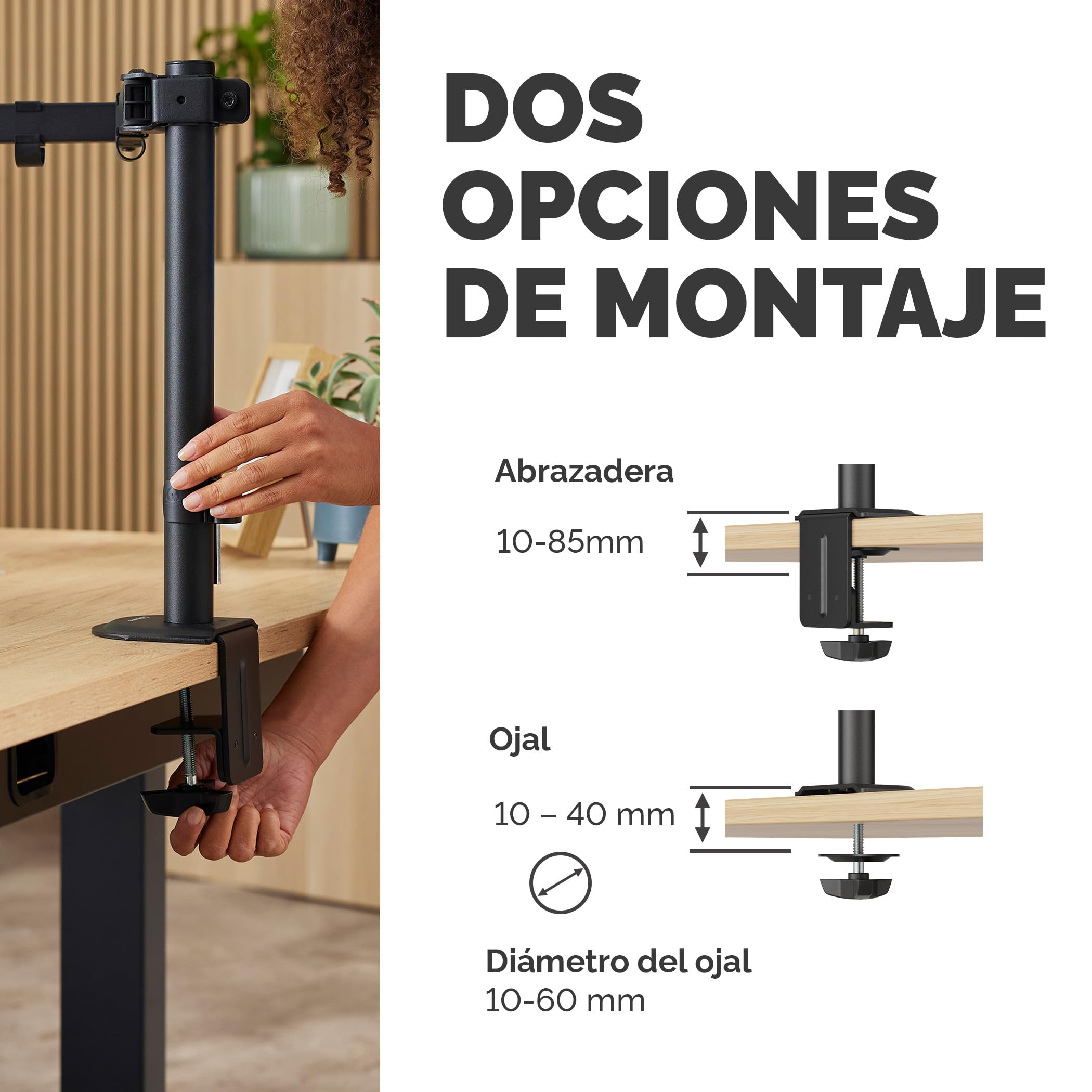 Fellowes Brazo para Monitor Doble Ajustable Everyday, soporta 2 Pantallas de hasta 32" y 9kg Cada una, inclinación, Giro, rotación, VESA 75/100, Montaje con Abrazadera u Ojal, gestión de Cables