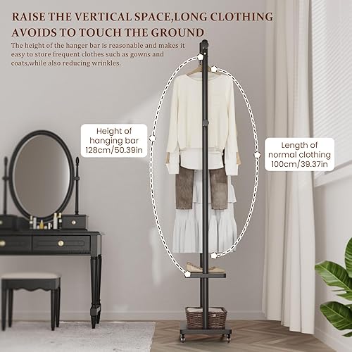 Miniatura 7 de Perchero independiente con ruedas y 2 estantes de almacenamiento y 5 ganchos, resistente perchero de madera, soporte de árbol, perchero para colgar