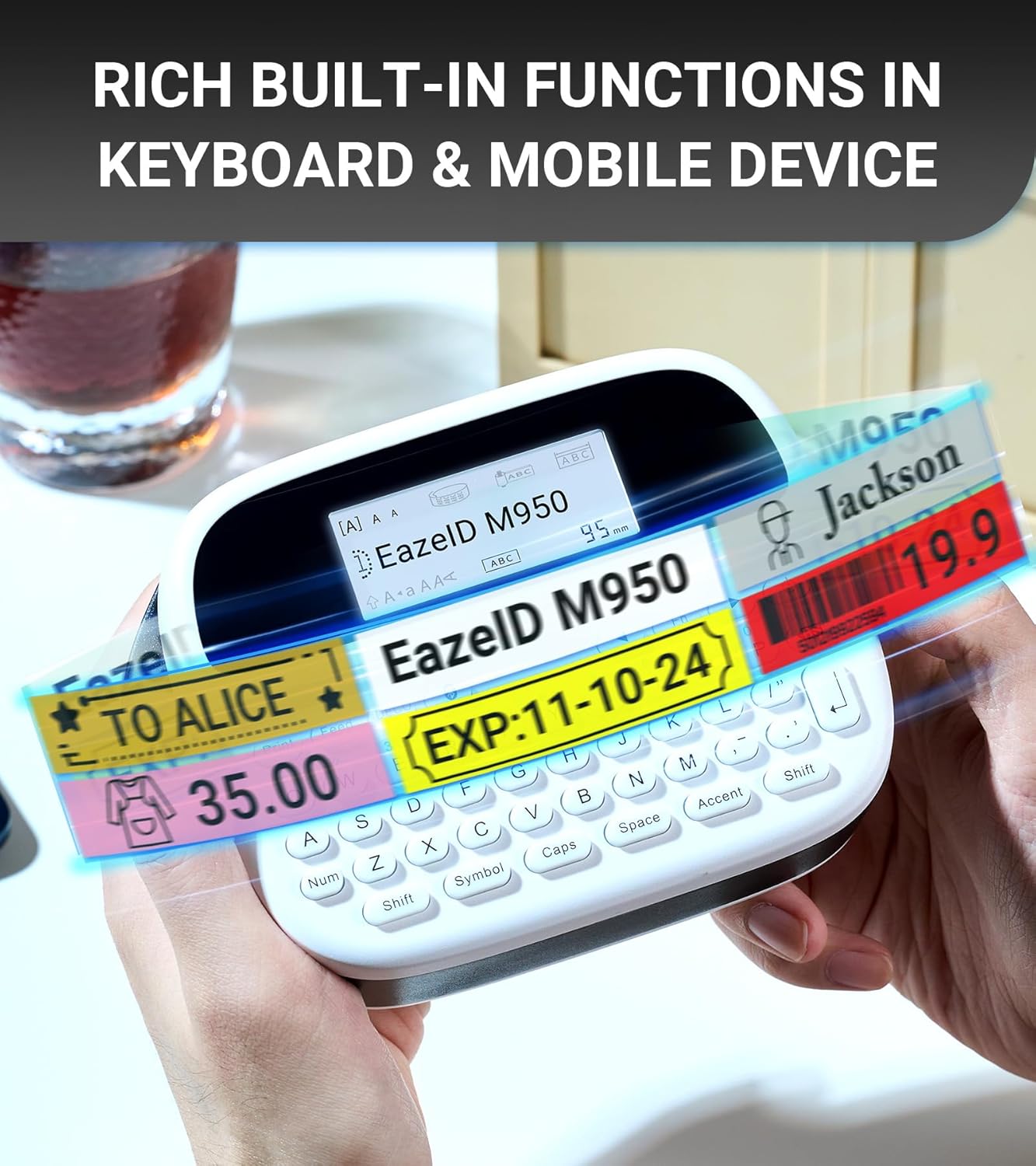 Examples of labels created with various built-in functions from the EazeID M950