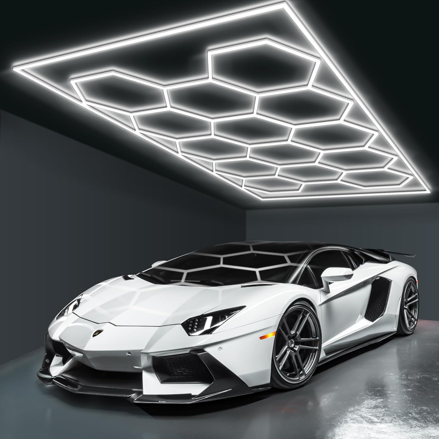 BRILLIHOOD Hexagon Garage Lights Honeycomb LED Hex Light 672W 80640LM 6500K Super Bright 14 Grid Systems Car Detailing