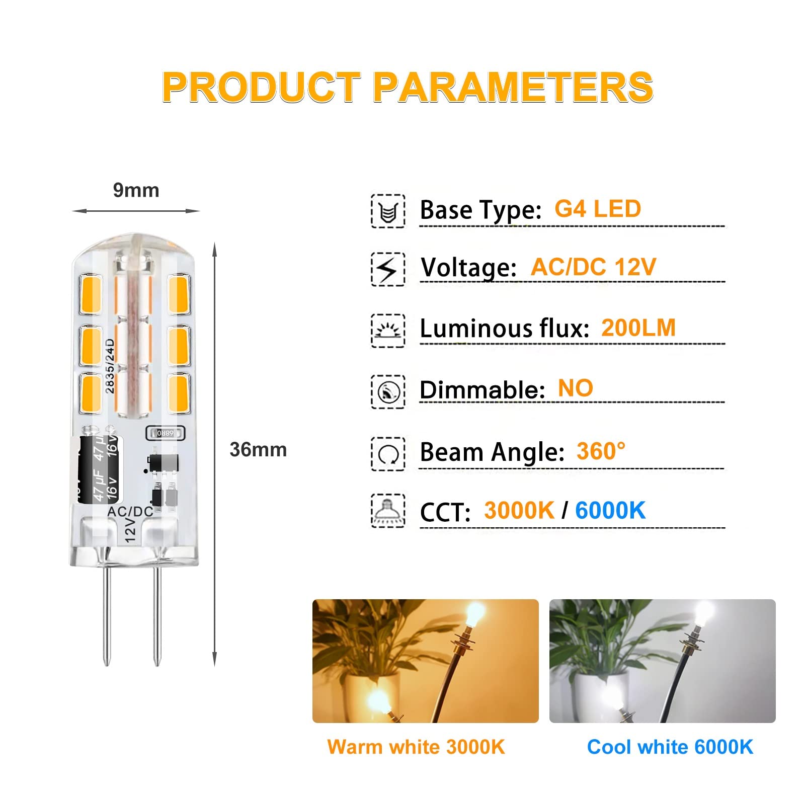 Ampoules LED G4, AC/DC 12V 2W G4 LED Blanc Froid 6000K 200LM, Equivalent Des Ampoules Halogènes 20W, Pas De Variation Pas De Clignotement, 10 Pièces
