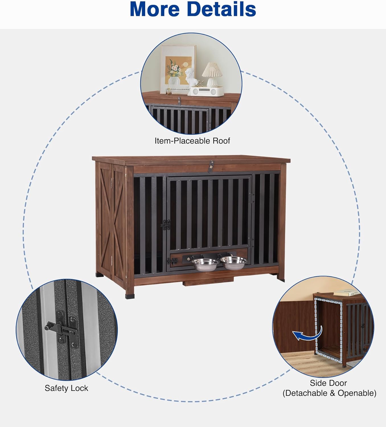 Dog Crate Furniture, Foldable Wooden Dog Kennel Furniture with 360° Rotating Feeding Bowls, Iron Frame Dog Crate with Deepened Sliding Tray - Dark Brown