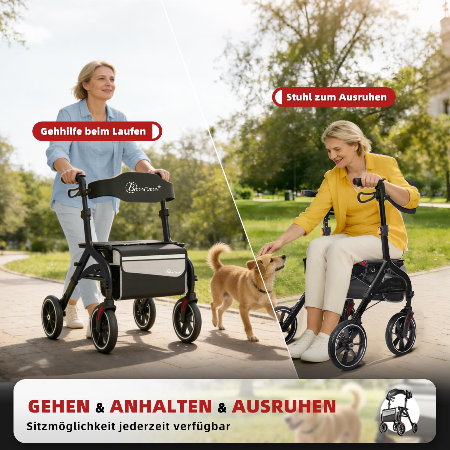 BeneCane Andador Plegable y Ligero Outdoor como Ayuda para Caminar y Levantarse, Andador de Viaje Regulable en Altura con Asiento, para Personas Mayores con Bolsa y Correa para la Espalda