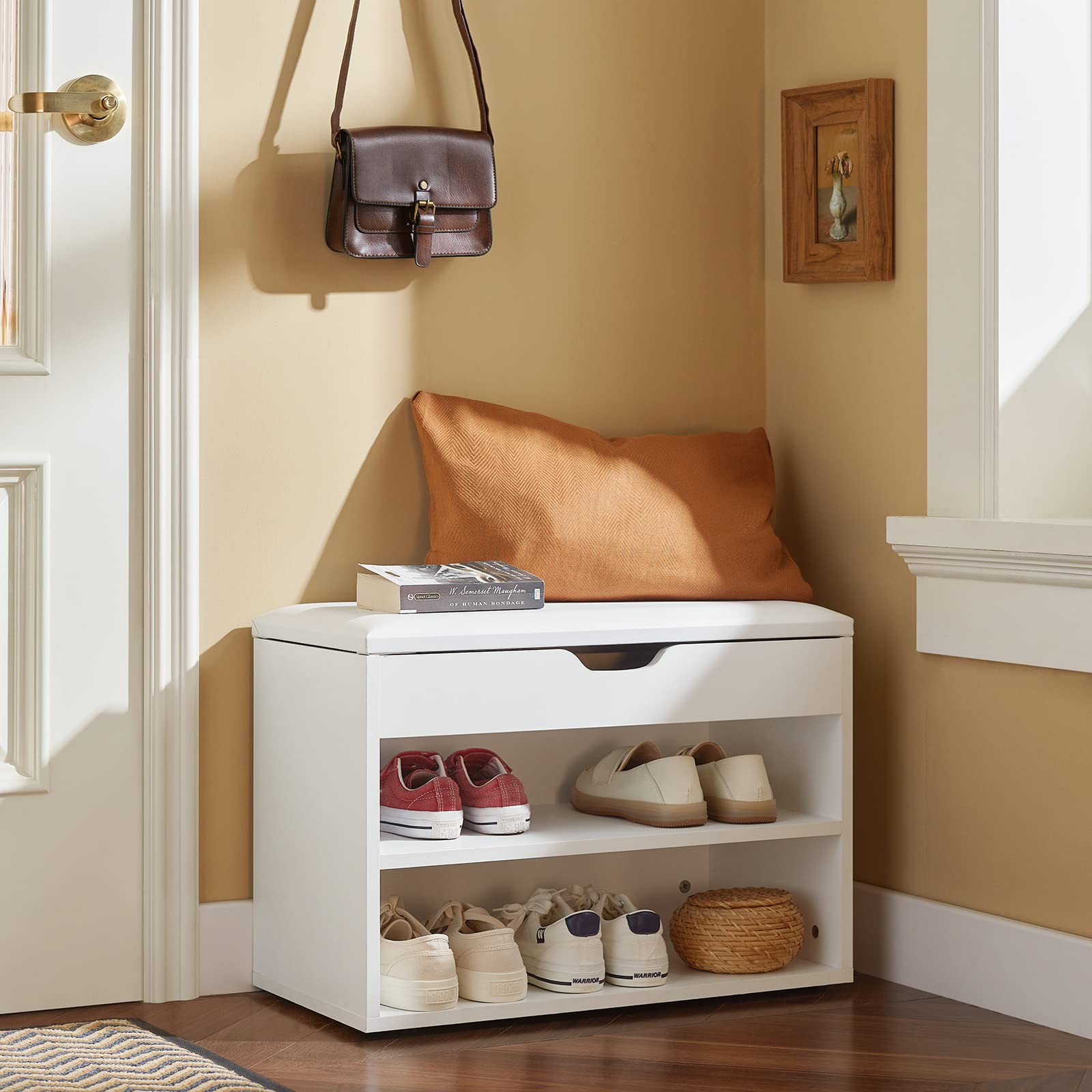 SoBuy Panca Scarpiera Ingresso Scarpiera Slim con Seduta Imbottita Contenitore Ripiani Cassapanca Panca Contenitore Bianco 60x30x44 cm Portata 120kg FSR25-W