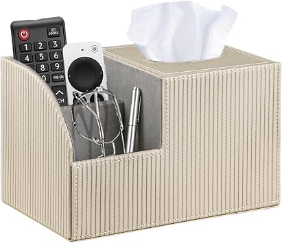 PUSU Square Tissue Box Cover with Storage and TV Remote Control Holder