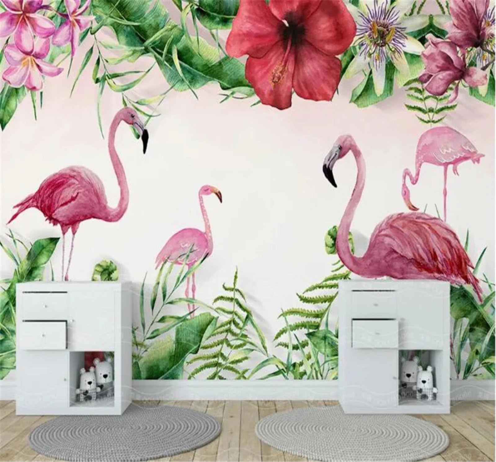 Tzxztt Ethereal Tropical Plants Flowers Flamingos Modern 3D Wallpaper Premium Textured Silk Neutral Tones Material Ideal for Living Room Bedroom-350cm×256cm