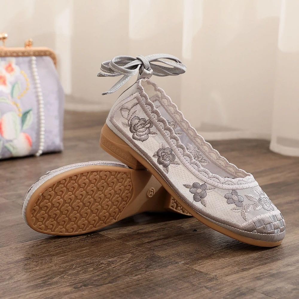 JYHBHMZG Vintage Bestickte Damen Gaze Mesh Knöchelriemen Ballettflats Schwarz Sommer Bequeme Kühle Gehschuhe