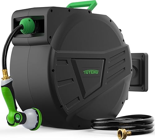 Tuyeho Carrete de manguera de jardín retráctil de 100 pies, carretes de manguera de agua resistentes para montaje en pared con sistema automático de