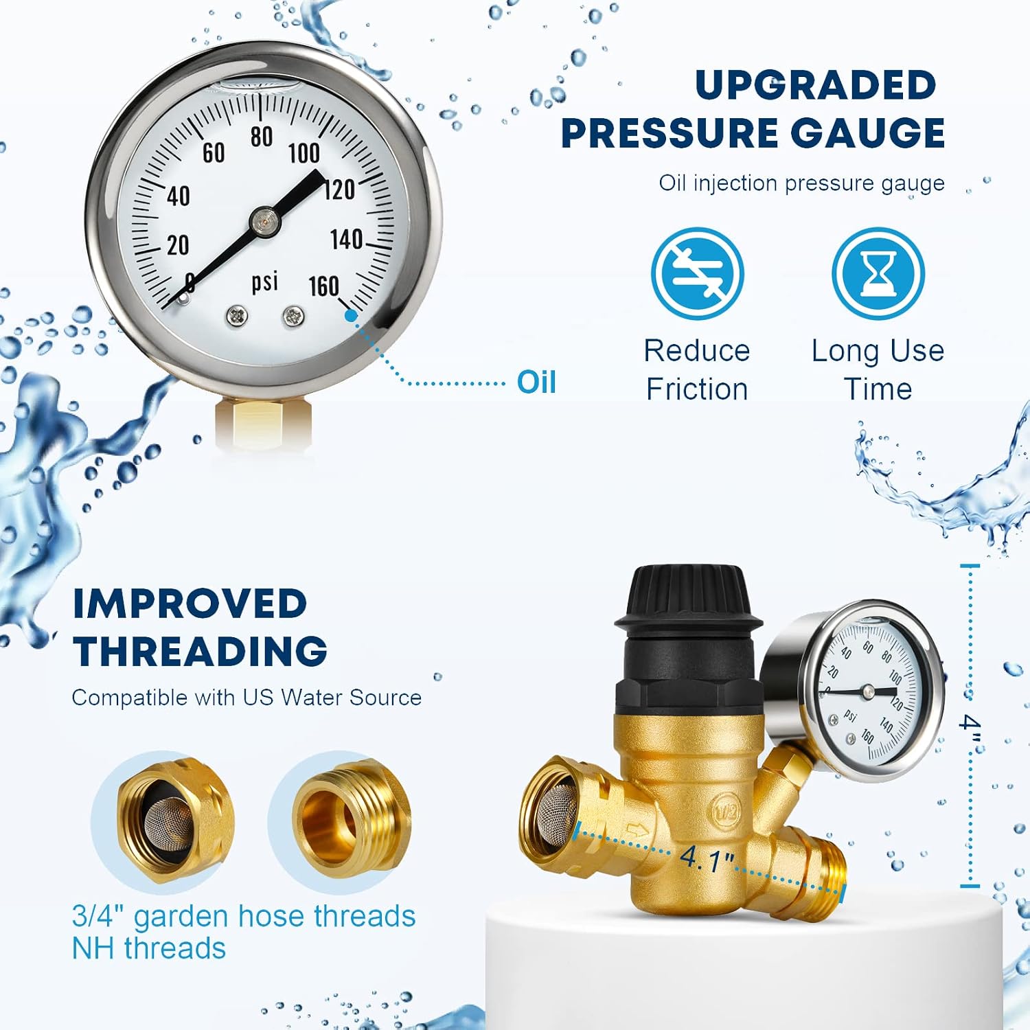Kohree RV Water Pressure Regulator Handle Adjustable with Gauge, Upgraded Water Reducing Valve Brass Lead-Free Pressure Regulator 160PSI with 2 Inlet Screened Filters for RV Camper Home Garden