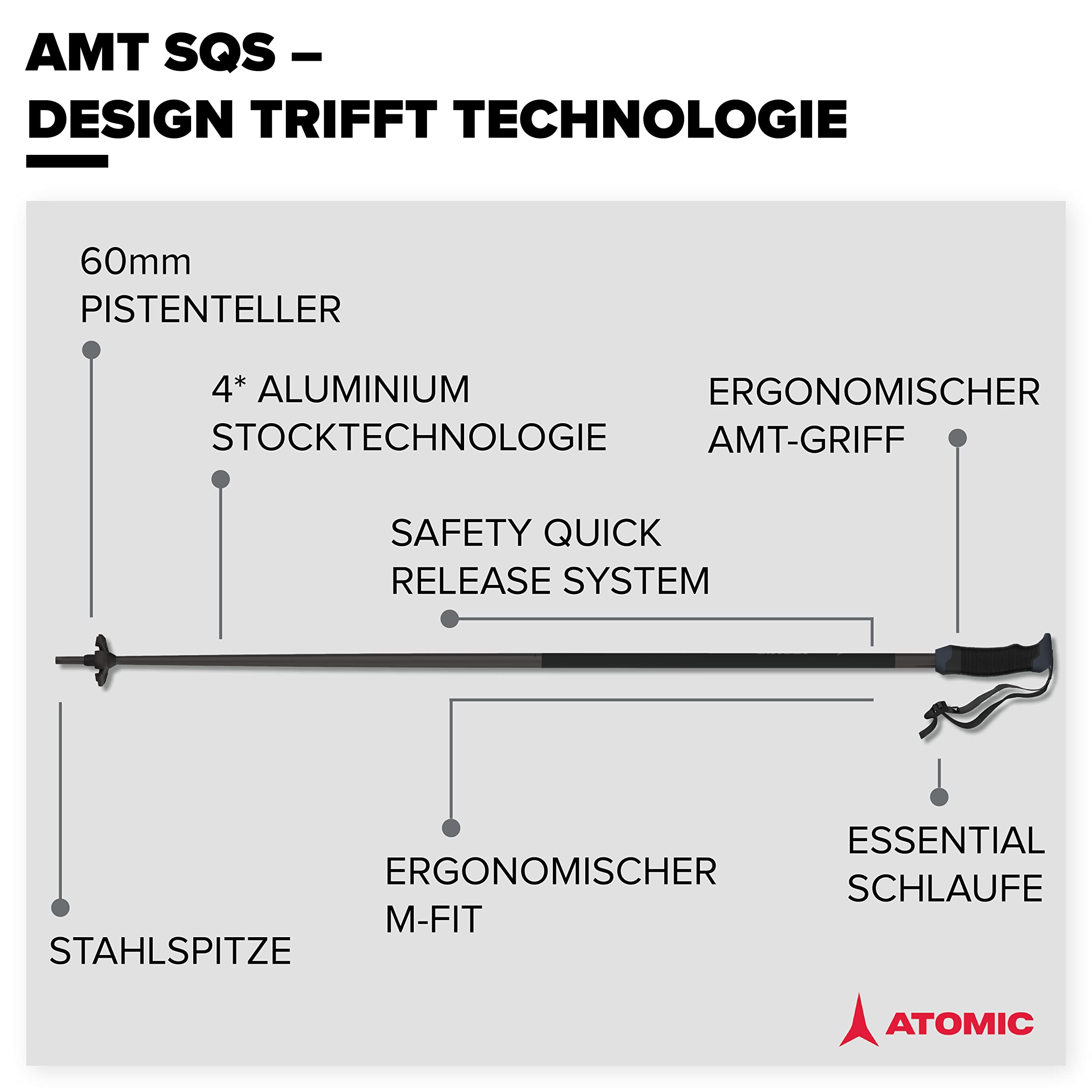 Atomic AMT SQS Skistöcke 4 Aluminium Skistock Safety Quick Release System 60mm-Pistenteller Saffron Schwarz Scuba Blue