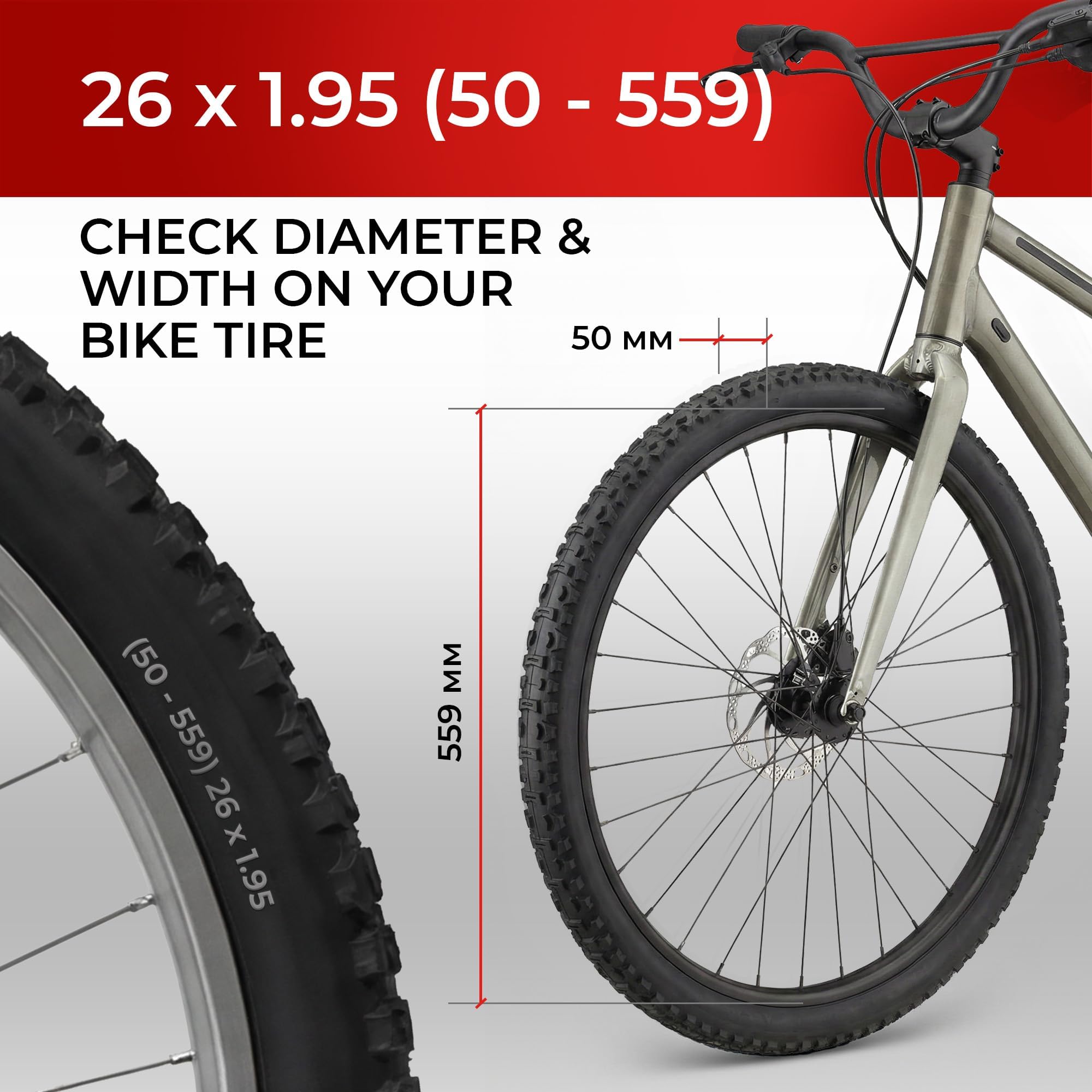 Fincci Pneu VTT 26 Pouces - Set Pliable Pneus pour Vélo 26 x 1.95 60 TPI avec Chambre à Air de Valve Presta 48mm - pour VTT Montagne, Velo Electrique, Hybrid Vélo, Sport Bicyclette - 50-559