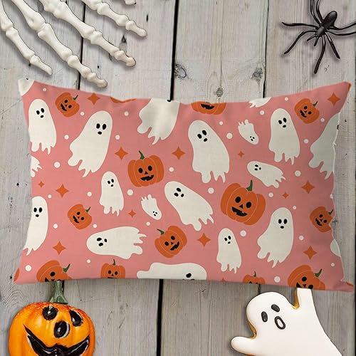 Miniatura 2 de Fundas de almohada de Halloween de 12 x 20 pulgadas, diseño de calabazas fantasmas, de lino rosa, para interiores y exteriores, decoración de sofá
