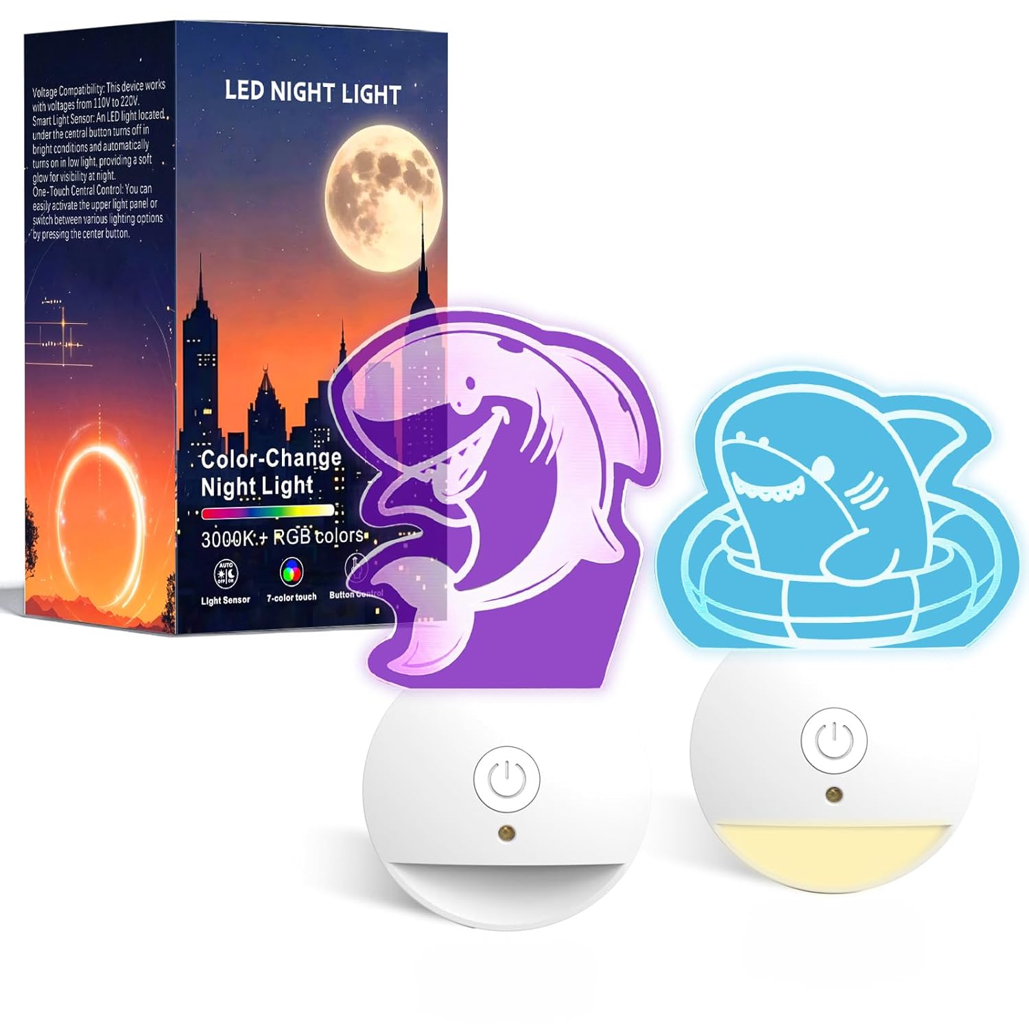 Joigivit Dual-Head Shark Smart Night Lights 2 Pack - 3000K Auto-Sensor Warm Light 7-Color RGB Key-Control Cute Room