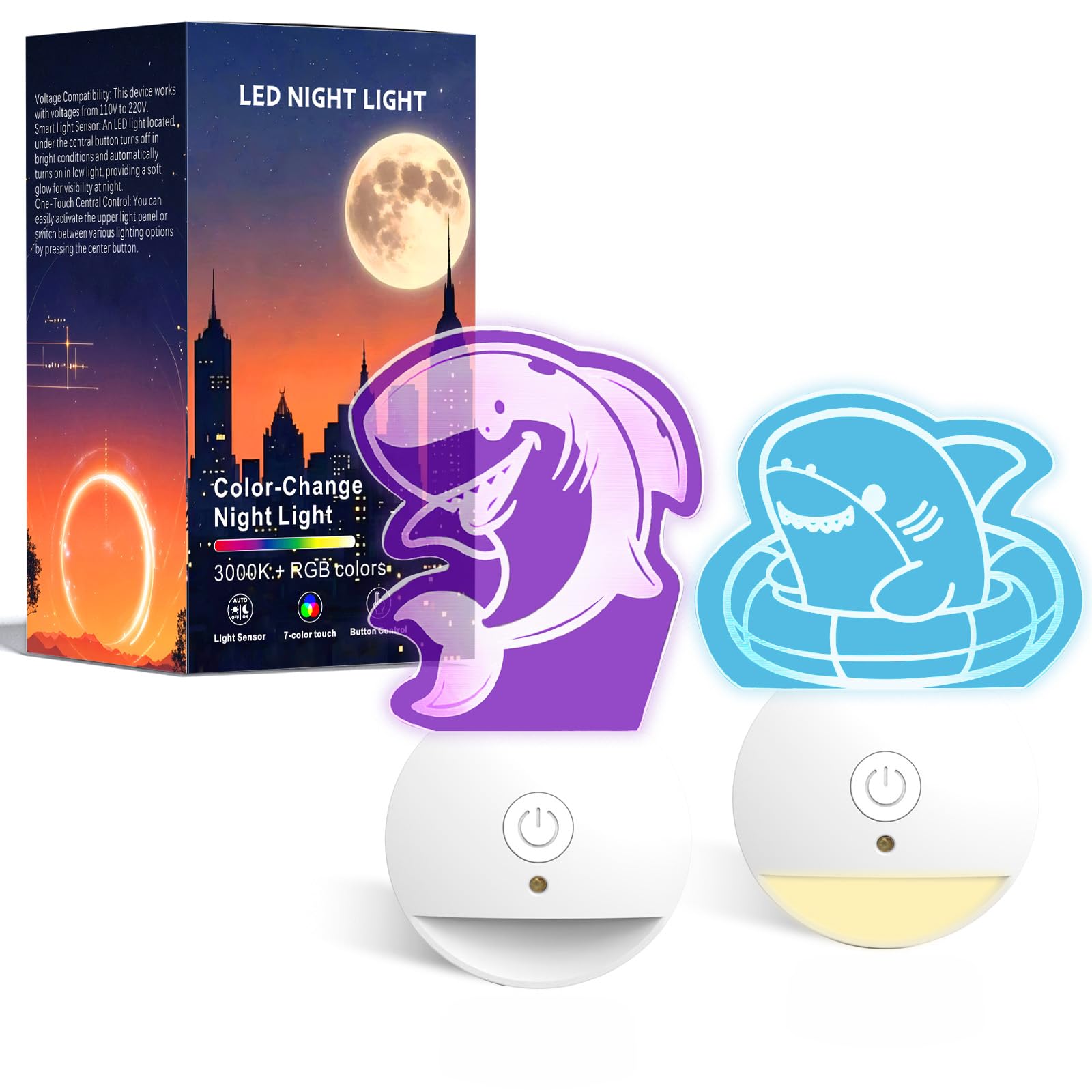 Joigivit Dual-Head Shark Smart Night Lights 2 Pack - 3000K Auto-Sensor Warm Light 7-Color RGB Key-Control Cute Room