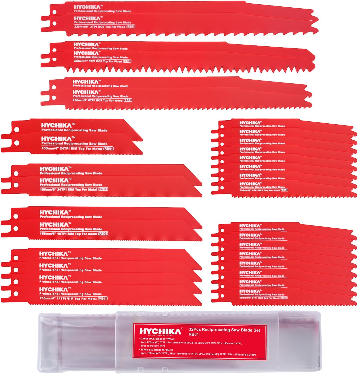 HYCHIKA 32-Piece Reciprocating Saw Blade Set Metal Wood Cutting Saw Blades with Organizer Case