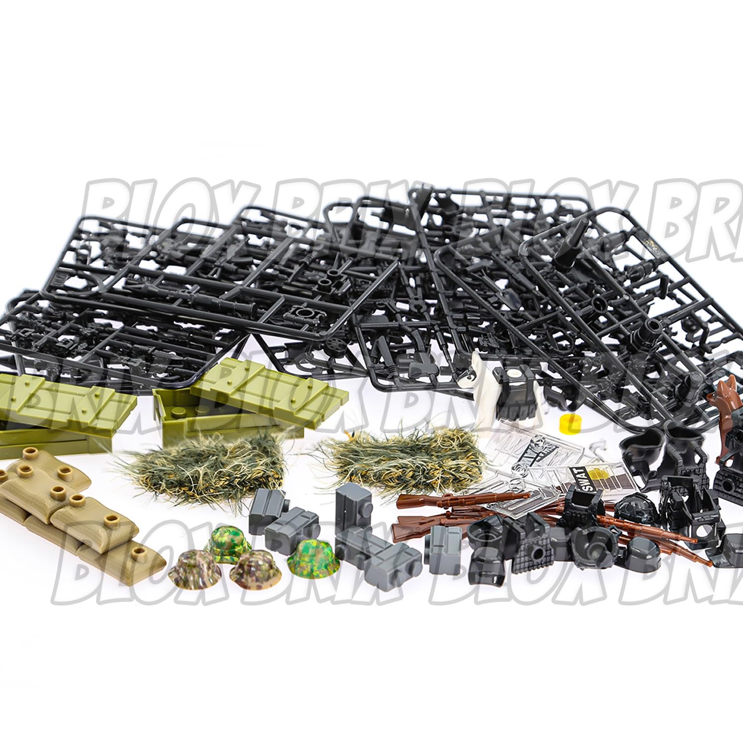BloxBrix 180 Pezzi Set Accessori Militari - Armi, Gadget E Equipaggiamento Per Minifigure (WW2, Polizia, Soldati Moderni)