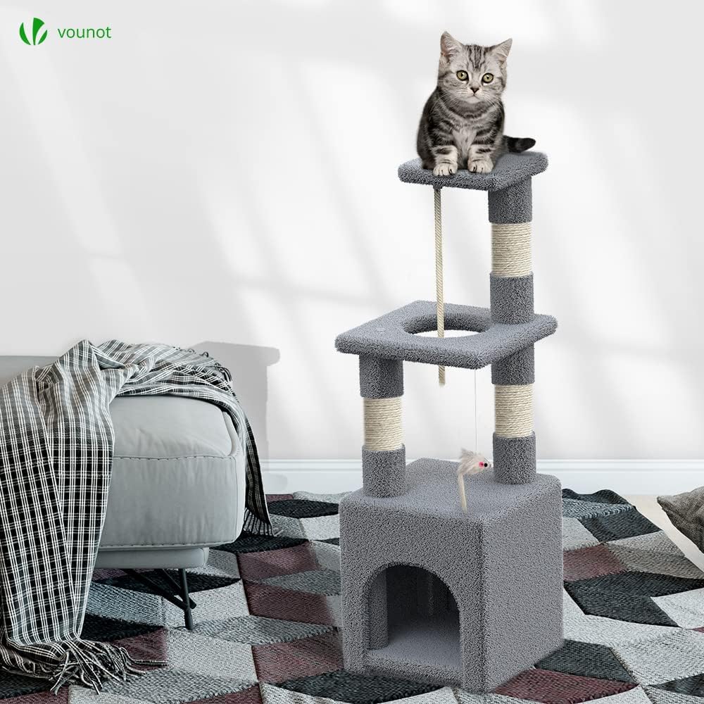 VOUNOT Cat Tree Tower, 88cm Cat Condo with Scratching Post, Multi Level Cat Climbing Play House Indoors, Cat Activity Tree, Grey