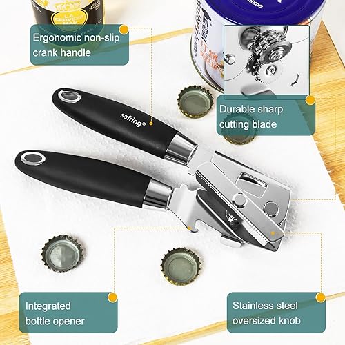 Miniatura 3 de Abrelatas manual resistente, abrelatas comercial de corte seguro para manos, perilla de acero inoxidable con cómoda manivela, borde liso de hoja