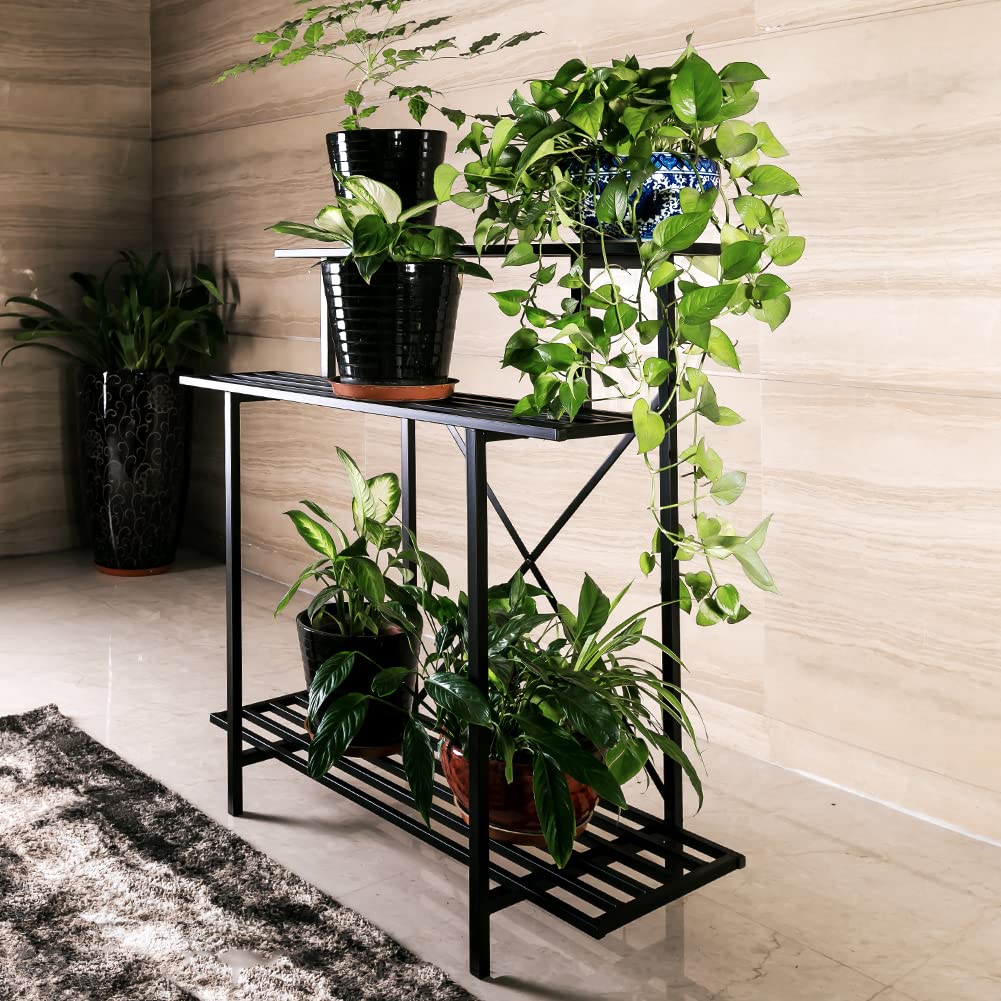 Supporto per piante in metallo con ruote a 3 ripiani da giardino e patio, espositore per fiori per interni ed esterni