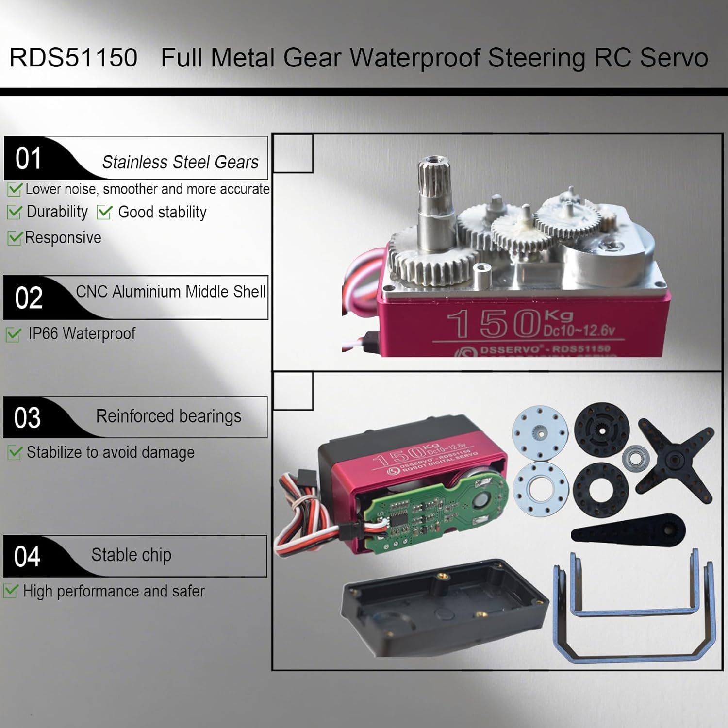 150KG Digital RC Servo,RDS51150 Dual Shafts 12V High Torque Stainless Steel Metal Gear Large Steering Servo Motor with Mounting Brackets for 1/5 RC Car Crawler Robotic Arm Control Angle 270°
