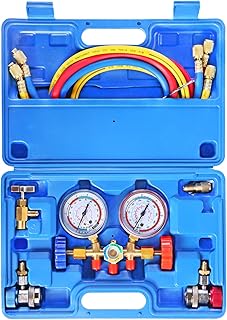 JIFETOR 3 Way AC Manifold Gauge Set, HVAC Diagnostic Freon Charging Tool for Auto Household R12 R22 R404A R134A Refrigerant, with 5FT Hose, Adjustable Quick Coupler, Can Tap and Acme Adapter