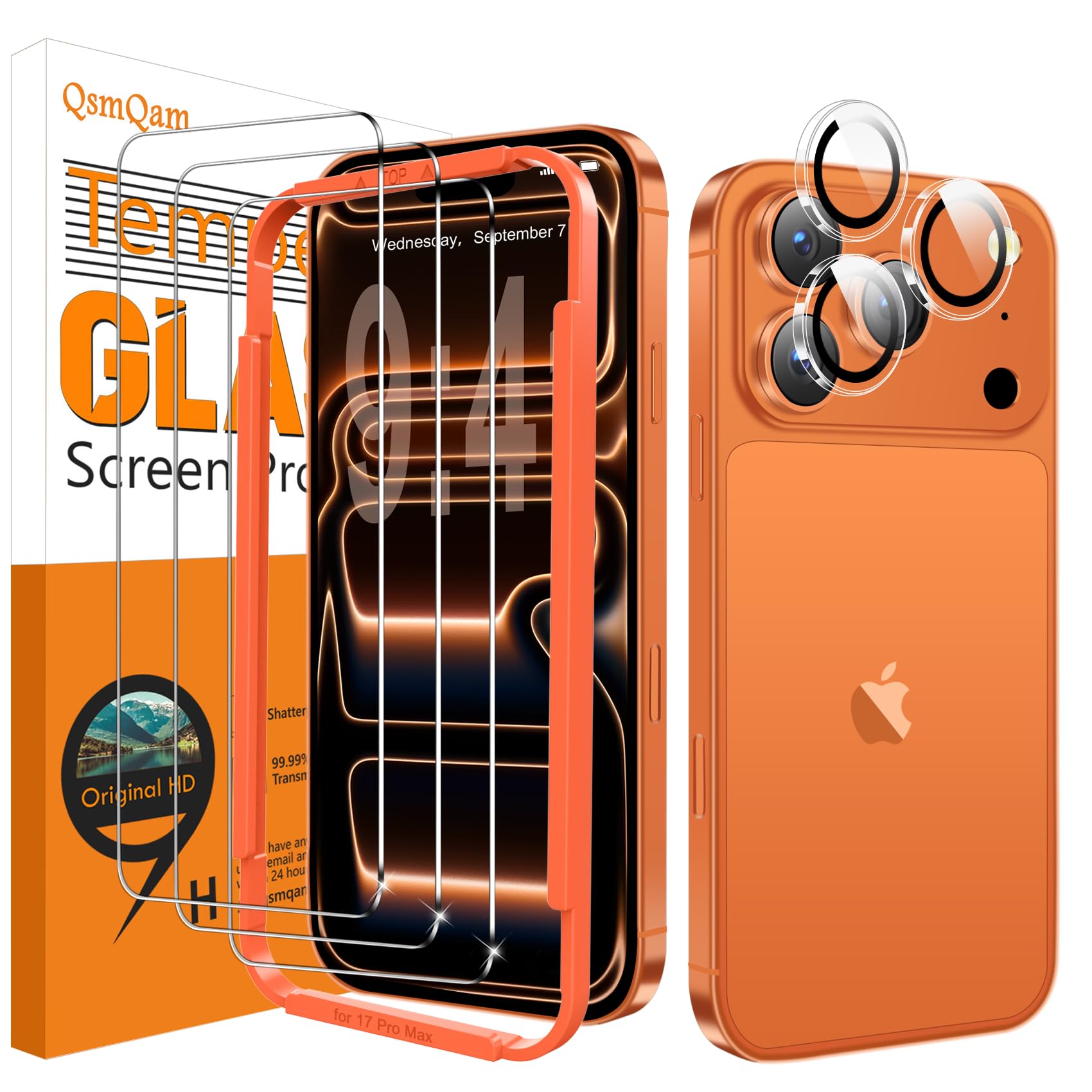 QsmQam 3 Pack Screen Protector for iPhone 17 Pro Max 6.9 Inch + 1 Pack Individual Camera Lens Protector, Ultra HD Tempered Glass, Military Grade