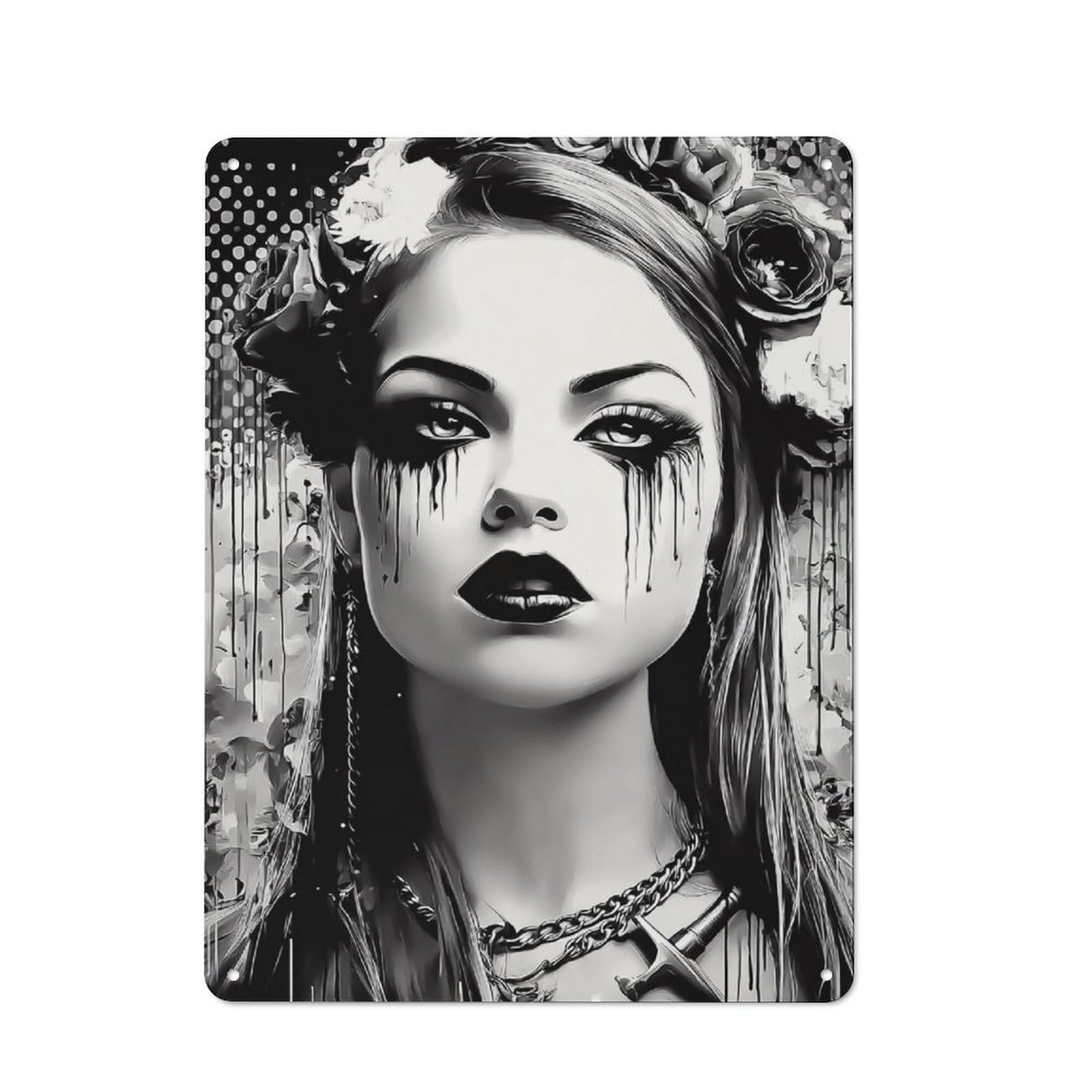 Tin Wall Plaque 40x30cm with Dark Beauty with Floral Crown -1 for Hallway Wall, with Clear Retro Wall Decor Character