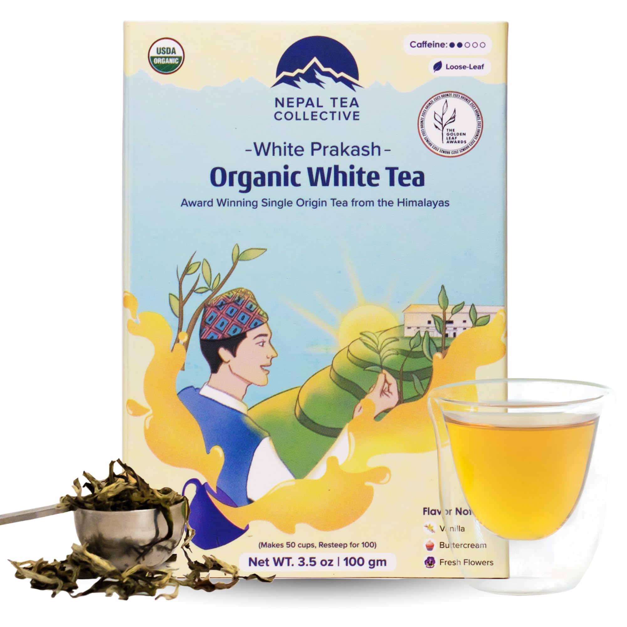 NEPAL TEA Organic White Tea Loose Leaf - USDA Certified Organic from a Family Farm in the Himalayas - Award-Winning Premium Tea Leaves to Enjoy Hot or Cold – 3.5oz /100g (White Prakash)